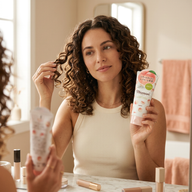 Femeie cu părul creț definindu-și buclele și ținând ceara de coafat Momori Natural Styling Hair Wax