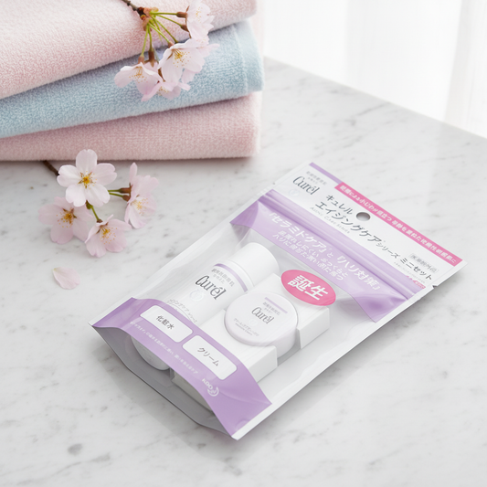 Curél Aging Care Mini Set în pungă cu fermoar – set de îngrijire japonez cu ceramide pentru ten matur și sensibil