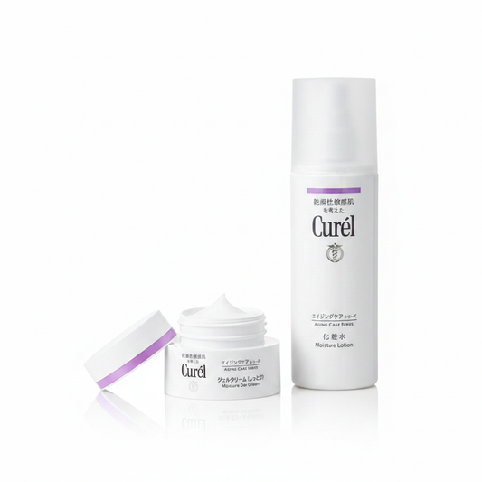 Curél Aging Care Mini Set – loțiune 30ml și cremă 10g pe fundal alb, îngrijire japoneză pentru ten uscat și sensibil