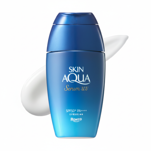 Skin Aqua Hyaluronic Serum UV SPF50+ PA++++ 70g – gel solar japonez Rohto pe fundal alb